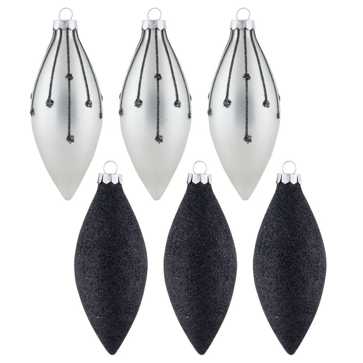 6pk Glass Drop Christmas Tree Baubles With Glitter Black
