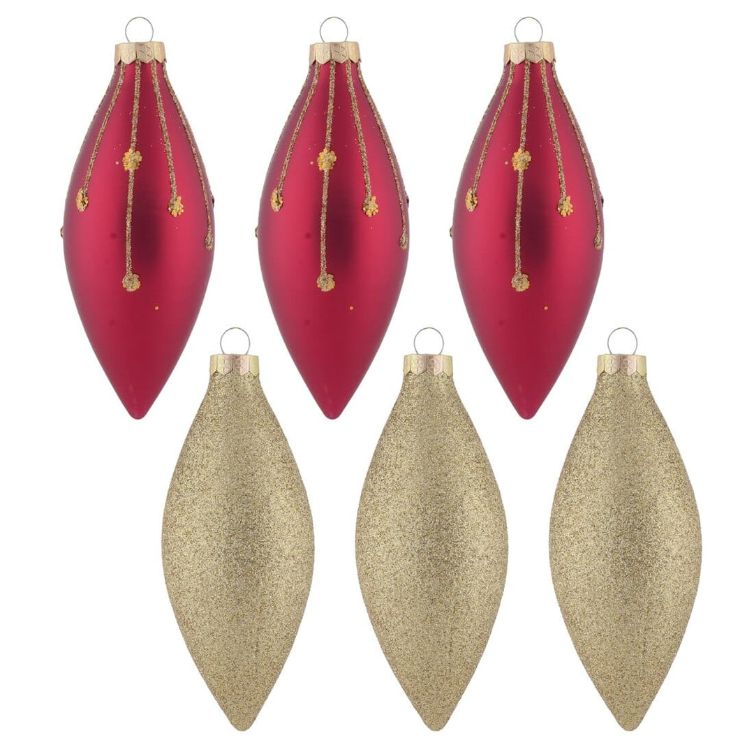 6pk Glass Drop Christmas Tree Baubles With Glitter Gold