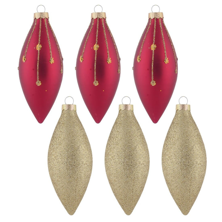 6pk Glass Drop Christmas Tree Baubles With Glitter Gold