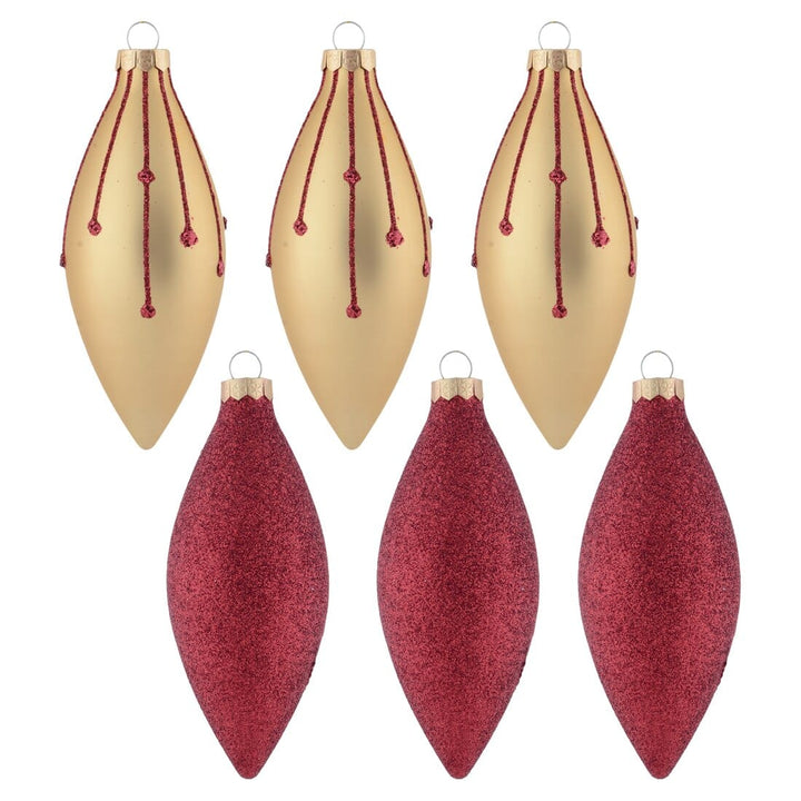 6pk Glass Drop Christmas Tree Baubles With Glitter Red