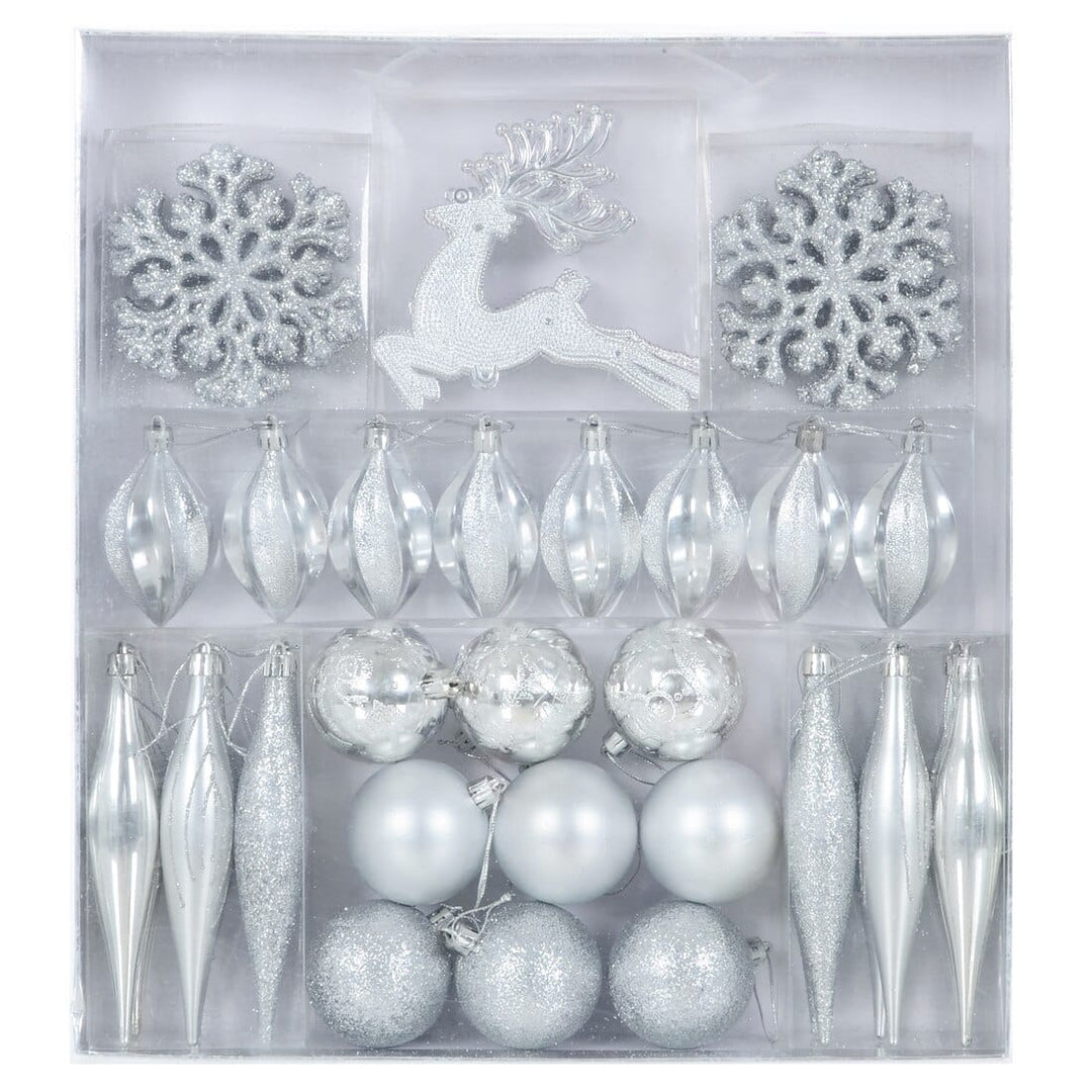 45pc Metallic Christmas Tree Decoration Set Mixed Baubles Silver