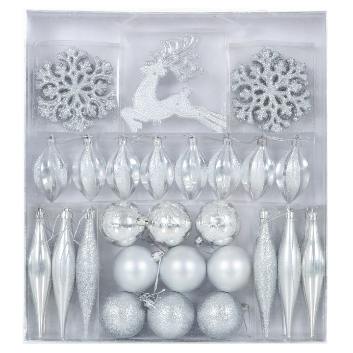 45pc Metallic Christmas Tree Decoration Set Mixed Baubles Silver