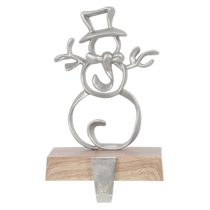 Christmas Stocking Hanger Metal Shape With Faux Wood Base Snowman