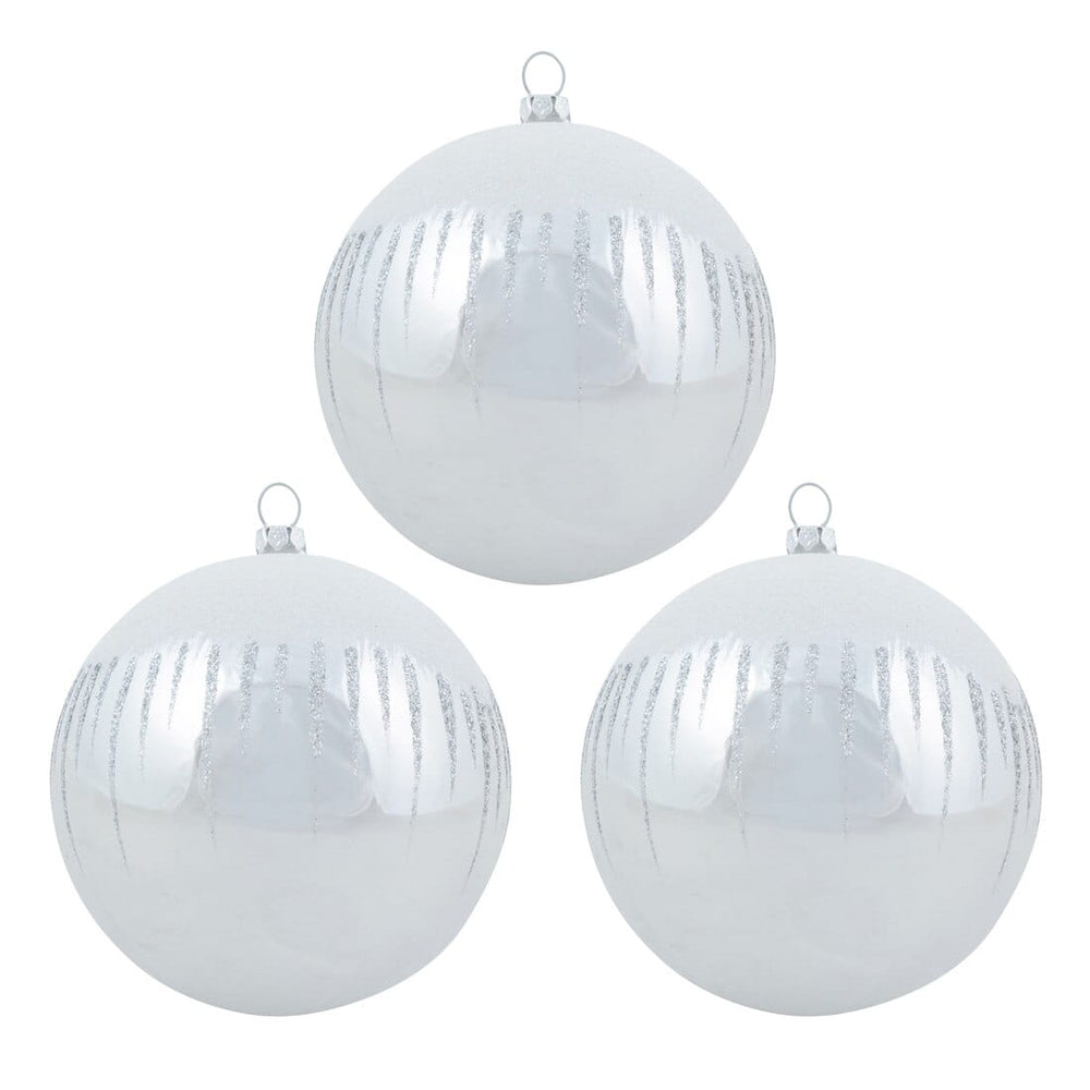 3pk Shiny Christmas Tree Baubles with Glitter Snowscape Silver