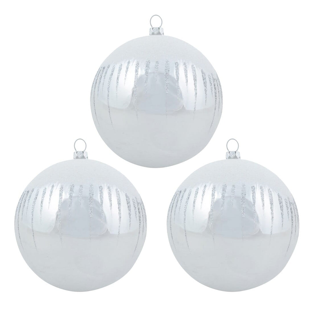 3pk Shiny Christmas Tree Baubles with Glitter Snowscape Silver
