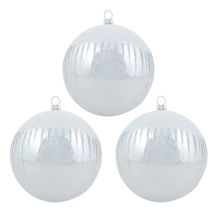 3pk Shiny Christmas Tree Baubles with Glitter Snowscape Silver