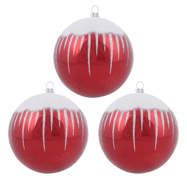 3pk Shiny Christmas Tree Baubles with Glitter Snowscape Red