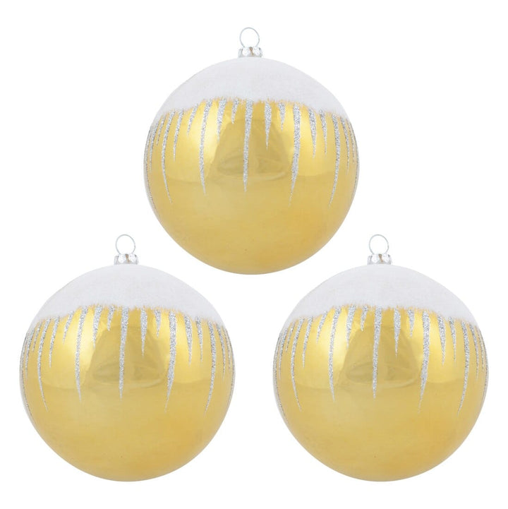 3pk Shiny Christmas Tree Baubles with Glitter Snowscape Gold