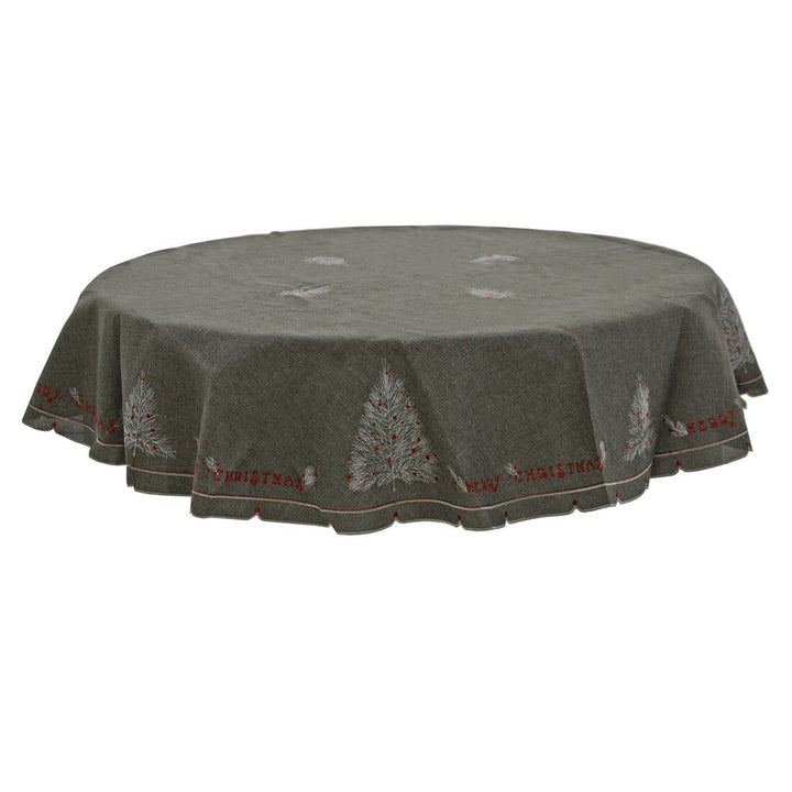 Christmas Tree Embroidered Tablecloths Napkins Fabric Dark Grey 70" Round