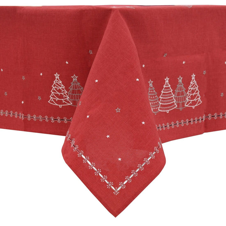 Christmas Tree Embroidered Tablecloths Napkins Fabric Red 52 x 70"