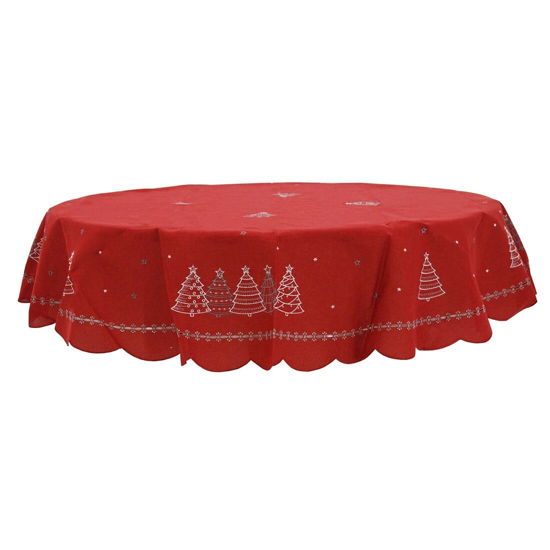 Christmas Tree Embroidered Tablecloths Napkins Fabric Red 70" Round