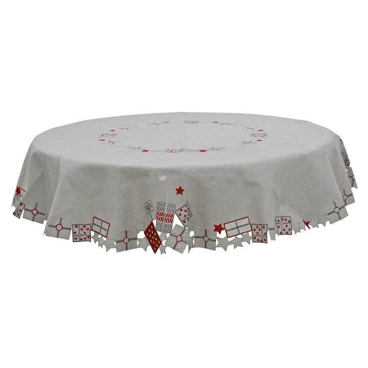 Christmas Presents Tablecloths Napkins Grey Fabric Embroidery 70" Round