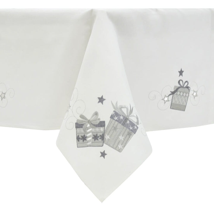 Christmas Presents Tablecloths Napkins White Fabric Embroidery 52 x 70"