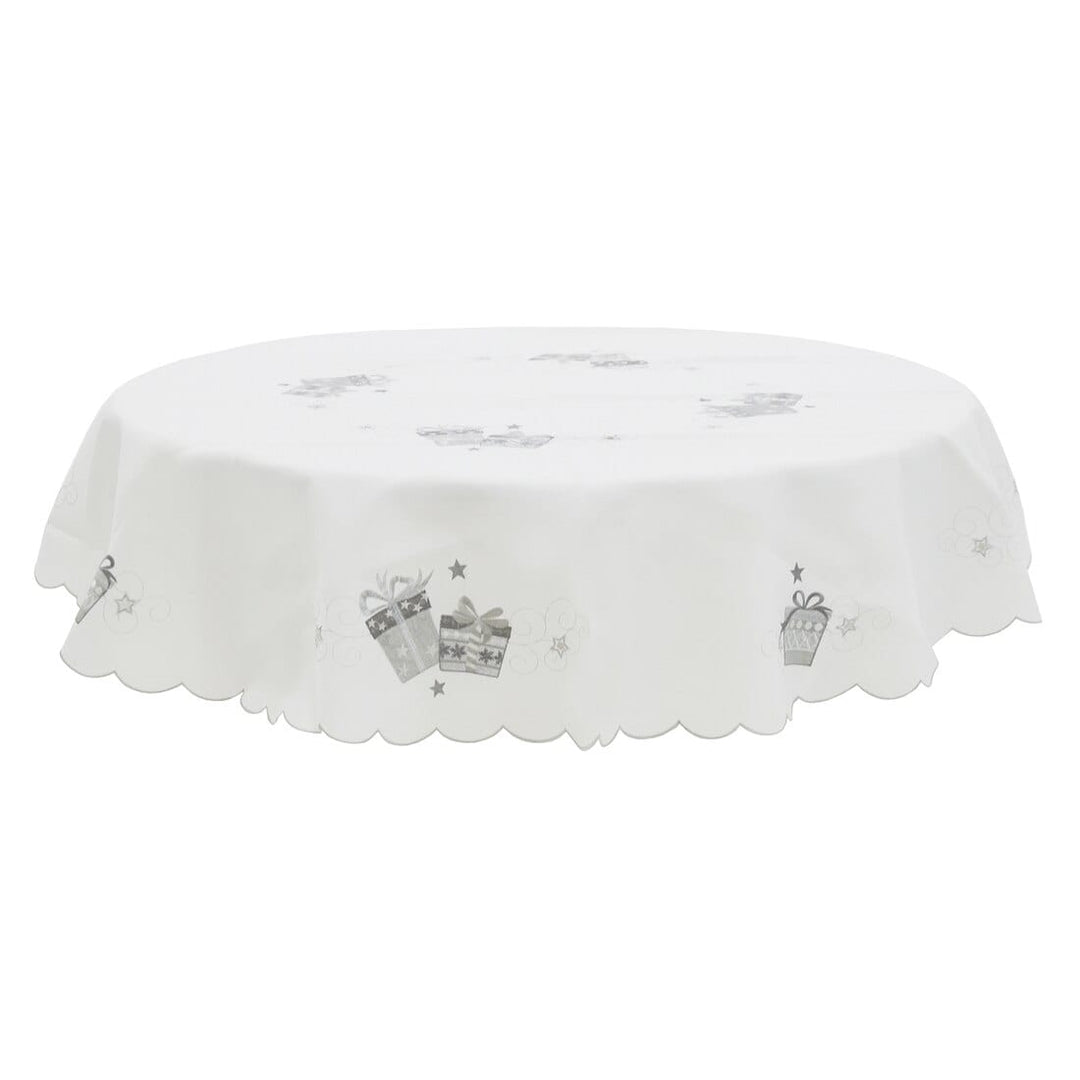 Christmas Presents Tablecloths Napkins White Fabric Embroidery 70" Round