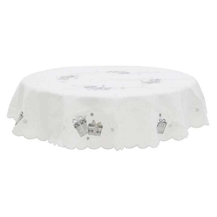 Christmas Presents Tablecloths Napkins White Fabric Embroidery 70" Round