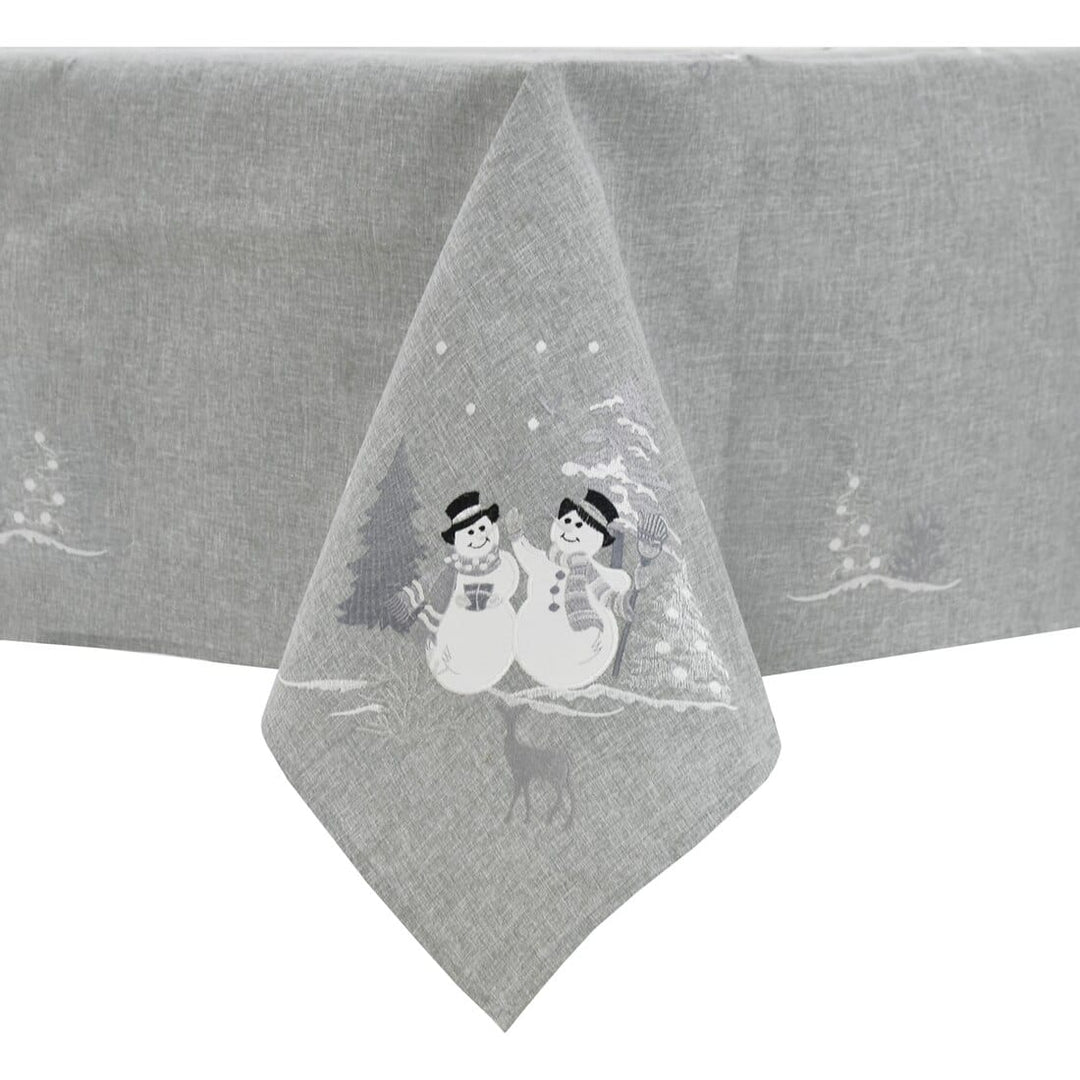 Christmas Snowman Tablecloths Napkins Grey Fabric Embroidery 52 x 70"
