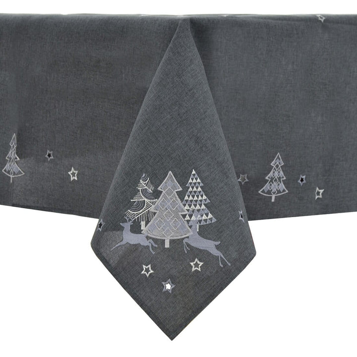 Christmas Tree Tablecloths Napkins Grey Fabric Embroidered 52 x 70"