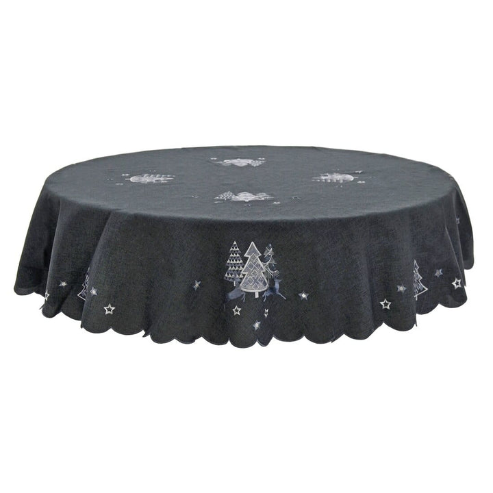 Christmas Tree Tablecloths Napkins Grey Fabric Embroidered 70" Round