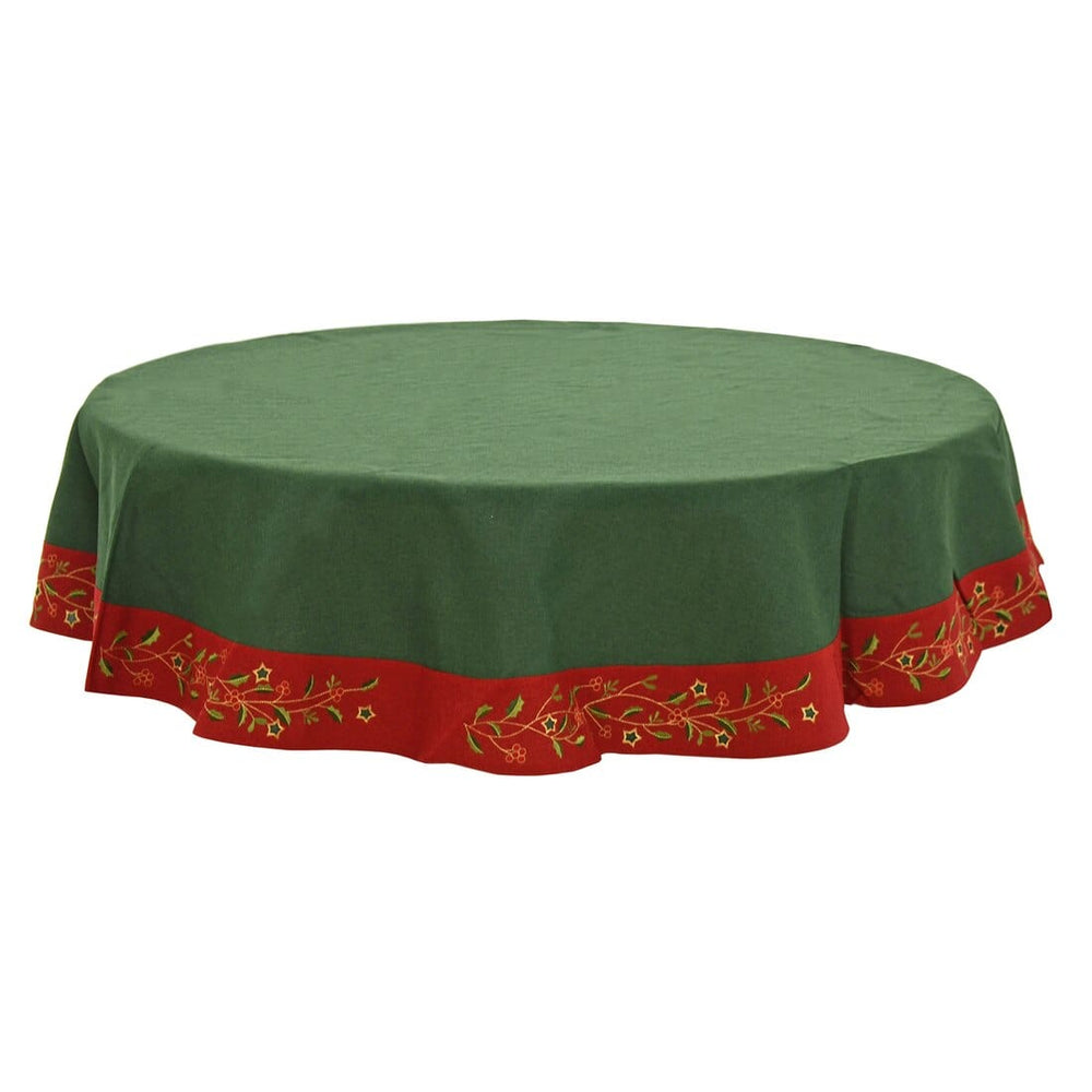 Christmas Holly Tablecloths Napkins Green Red Fabric Cover 70" Round