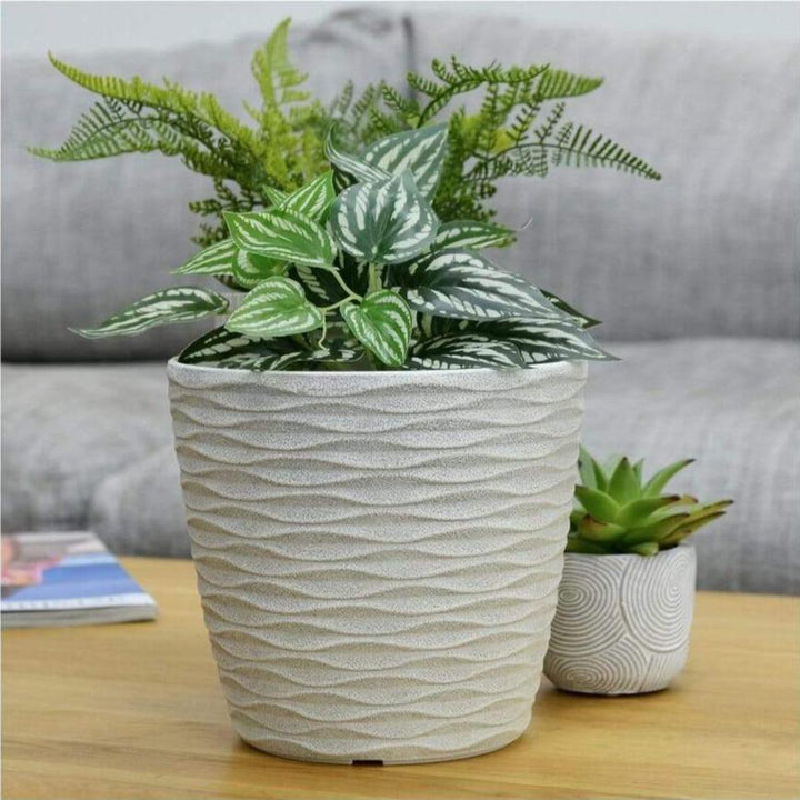 Plant Pot Weave Effect Plastic Flower Planter White Grey