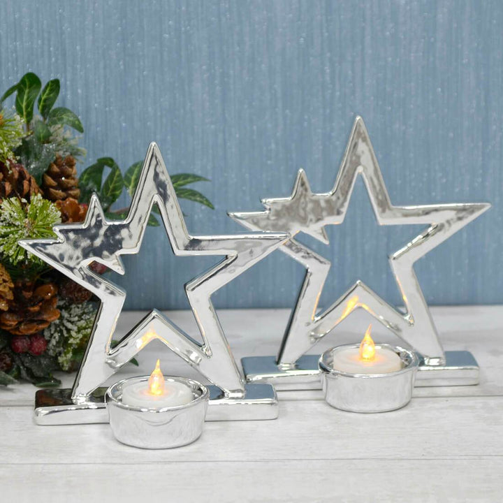 Set Of 2 Christmas Star Candle Holders Polished Silver