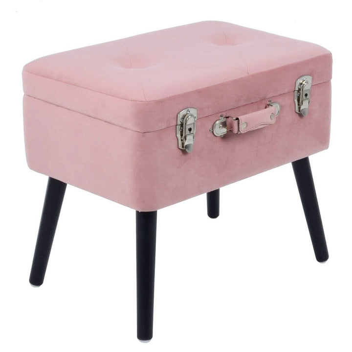 Suitcase Storage Stool Velvet Seat Black Legs Silver Clasps Pink