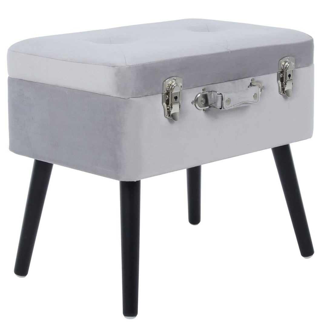 Suitcase Storage Stool Velvet Seat Black Legs Silver Clasps Silver Grey