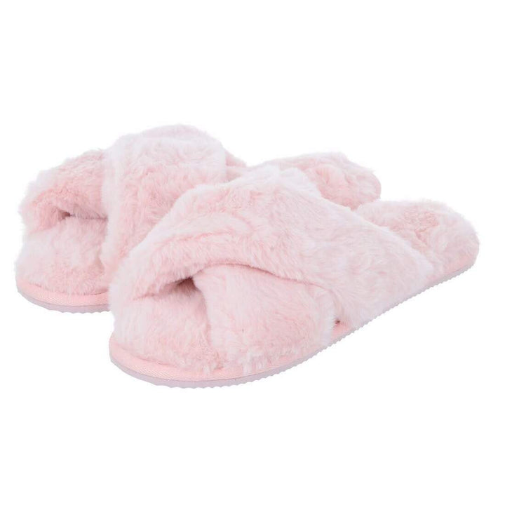 Womens Trixie Mule Slippers Crossover Sliders Soft Faux Fur Baby Pink / UK 3
