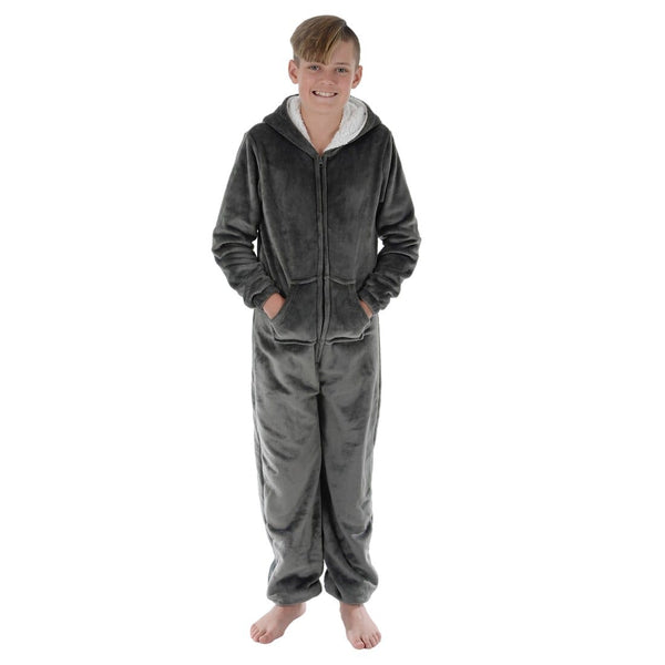 Kids All in One Pyjamas Fleece Hooded Sleep Suit Nightwear Grey / 4-5