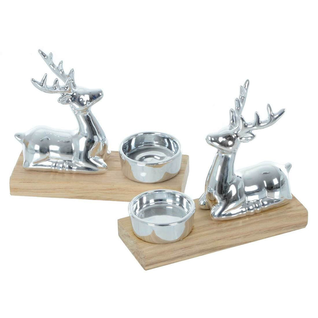 Set Of 2 Christmas Reindeer Silver Candle Holders Wood Base