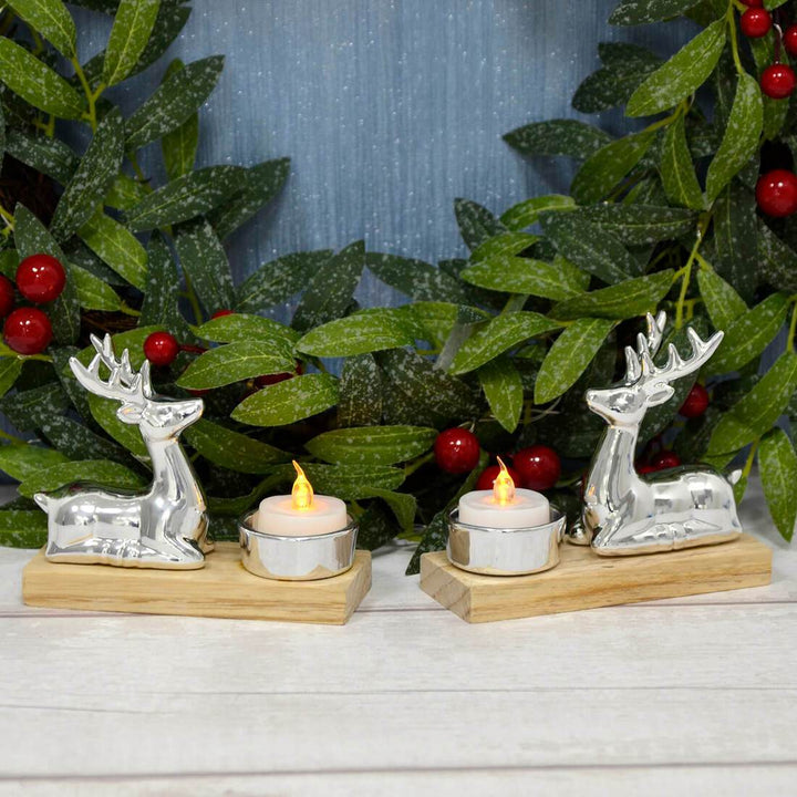 Set Of 2 Christmas Reindeer Silver Candle Holders Wood Base