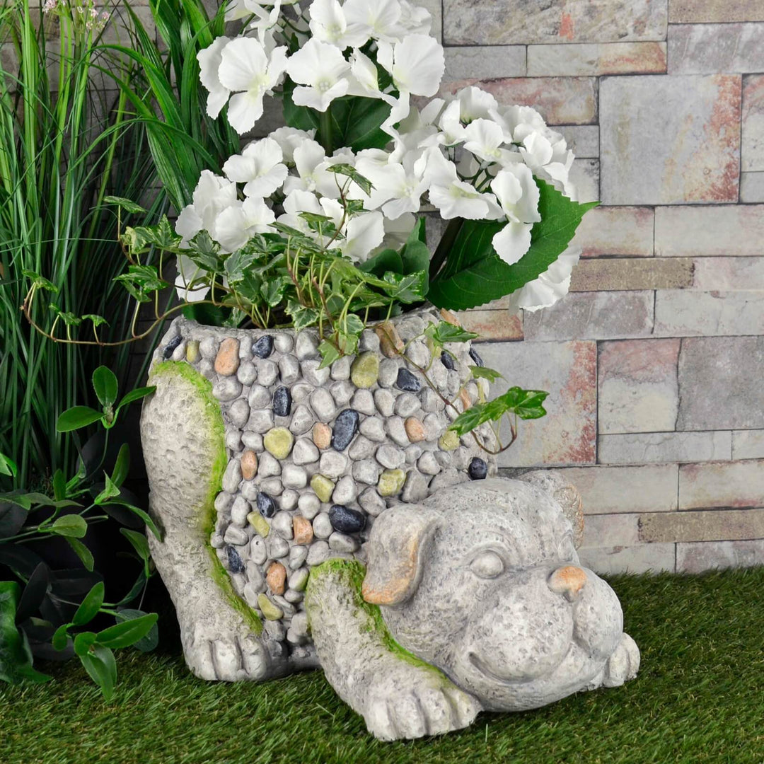 Crouching Dog Garden Planter Grey Beige Mosaic Body 33cm