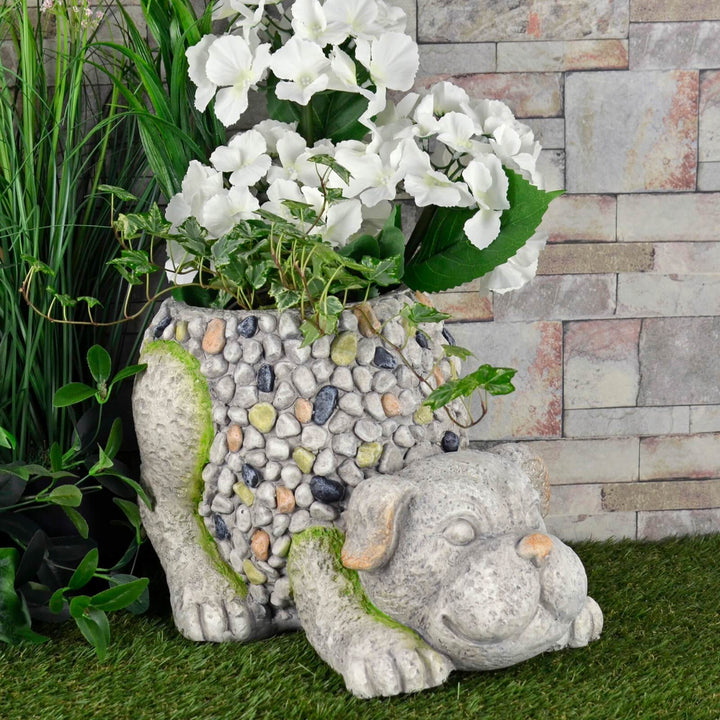 Crouching Dog Garden Planter Grey Beige Mosaic Body 33cm