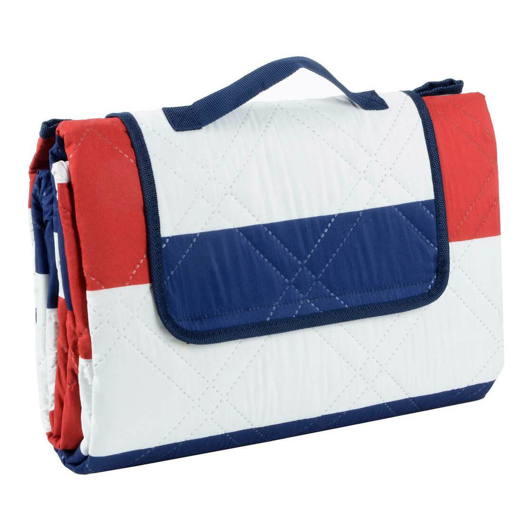 Picnic Blanket Rug Waterproof Backing Carry Handle 3 Sizes Red/Navy Stripe / L