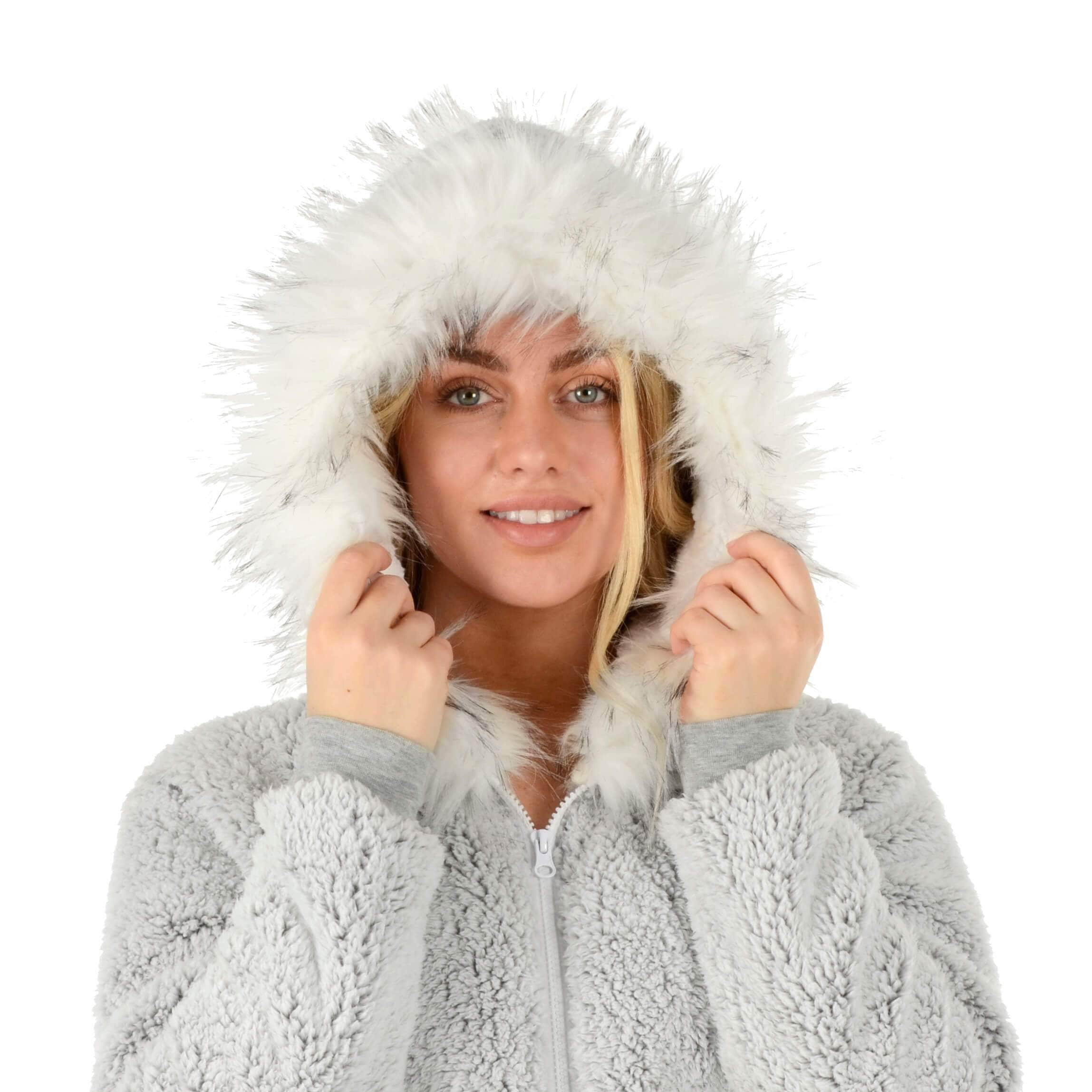 Buy Womens All in One Pyjama Suit Faux Fur Hood Fleece XS Stock XS Stock
