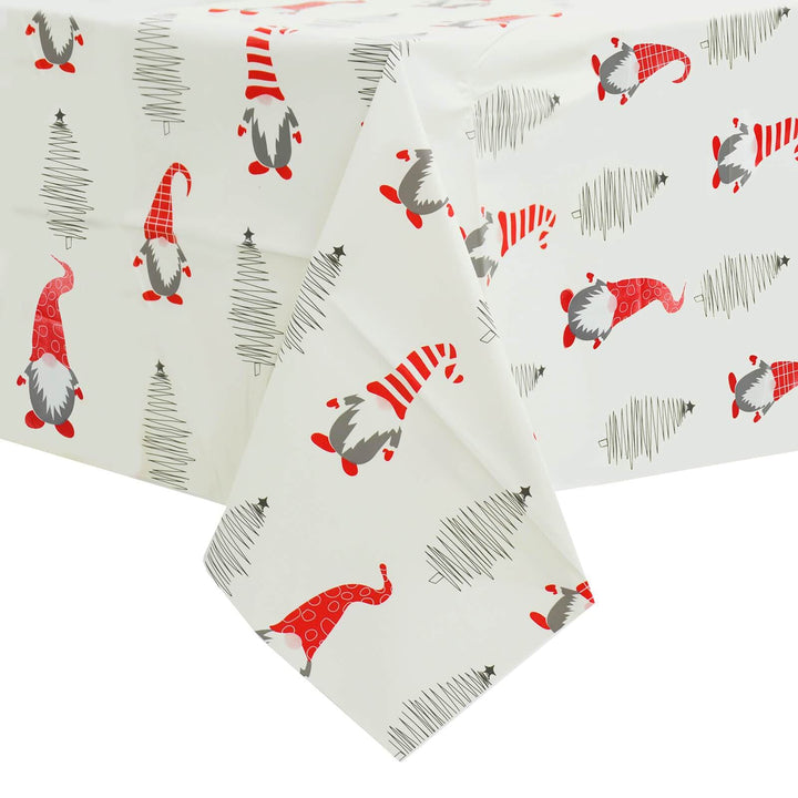 Christmas Tablecloth PVC Wipe Clean Xmas Table Cover Santa &amp; Trees - White