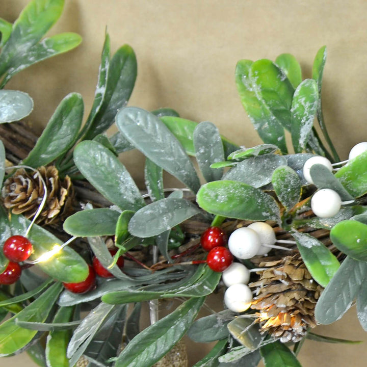 16" Light Up Christmas Wreath Mistletoe Berries Battery Op