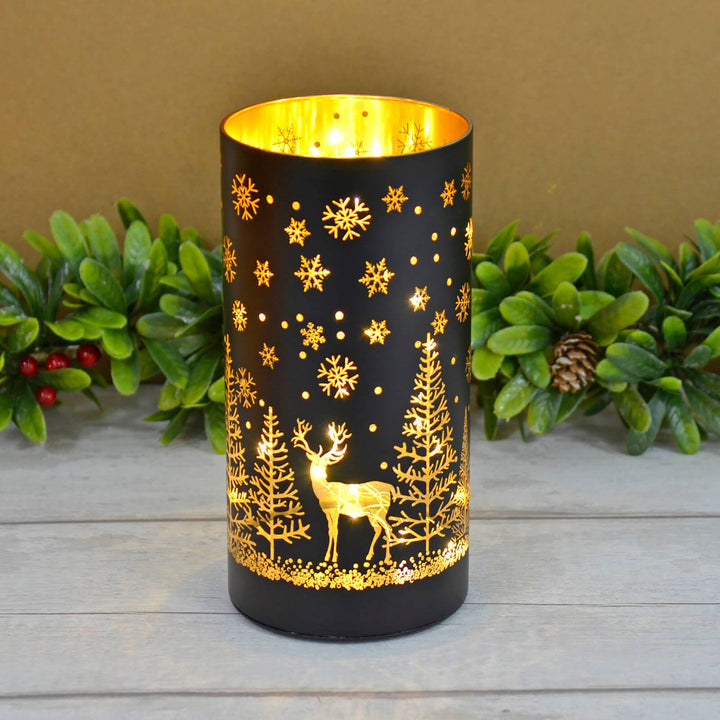 Christmas Cylinder Light Black Gold Decoration Glass 20cm Tree Scene &amp; Deer