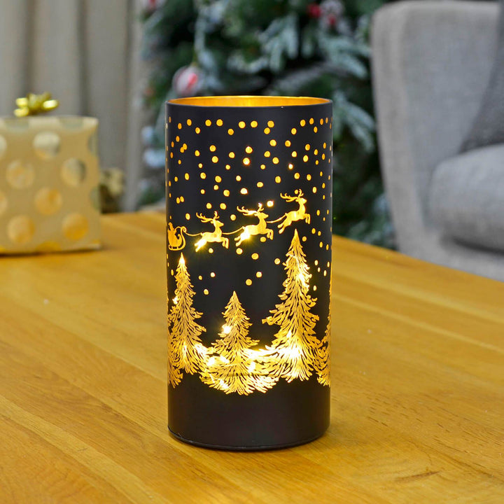Christmas Cylinder Light Black Gold Decoration Glass 20cm Santa &amp; Sleigh