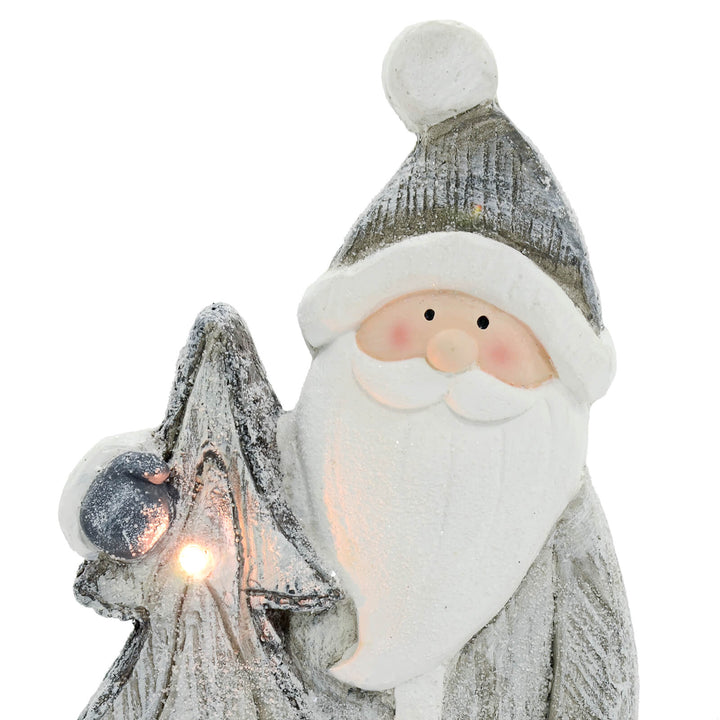 LED Santa &amp; Christmas Tree Grey White Ceramic Ornament 47cm