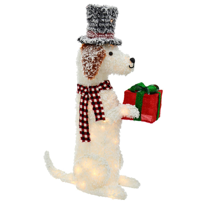 Large White LED Dog With Hat &amp; Gift Christmas Decoration 94cm