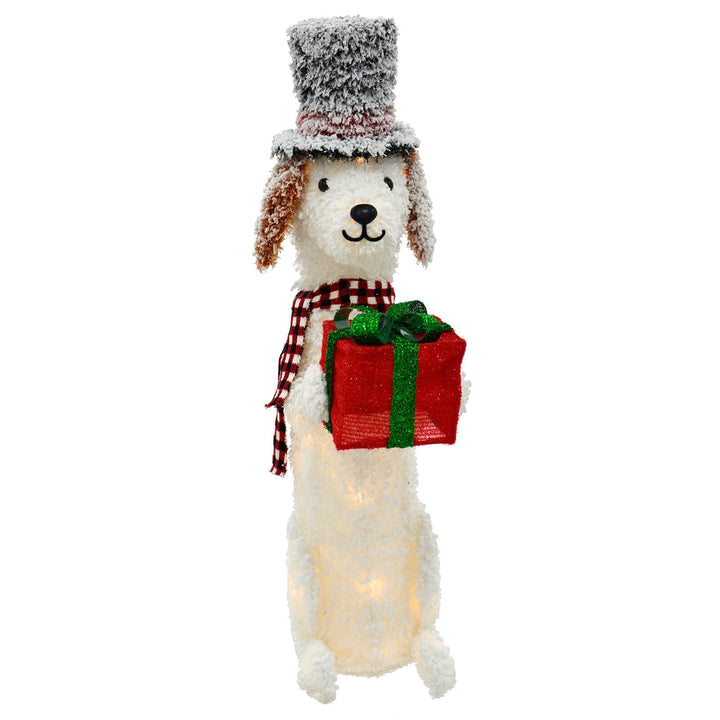 Large White LED Dog With Hat &amp; Gift Christmas Decoration 94cm