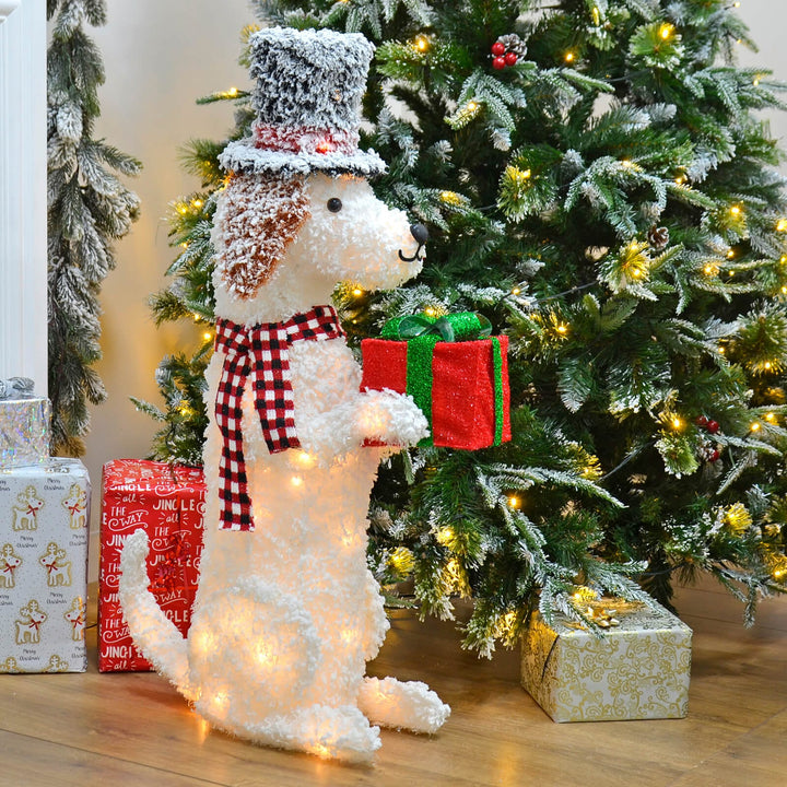 Large White LED Dog With Hat &amp; Gift Christmas Decoration 94cm