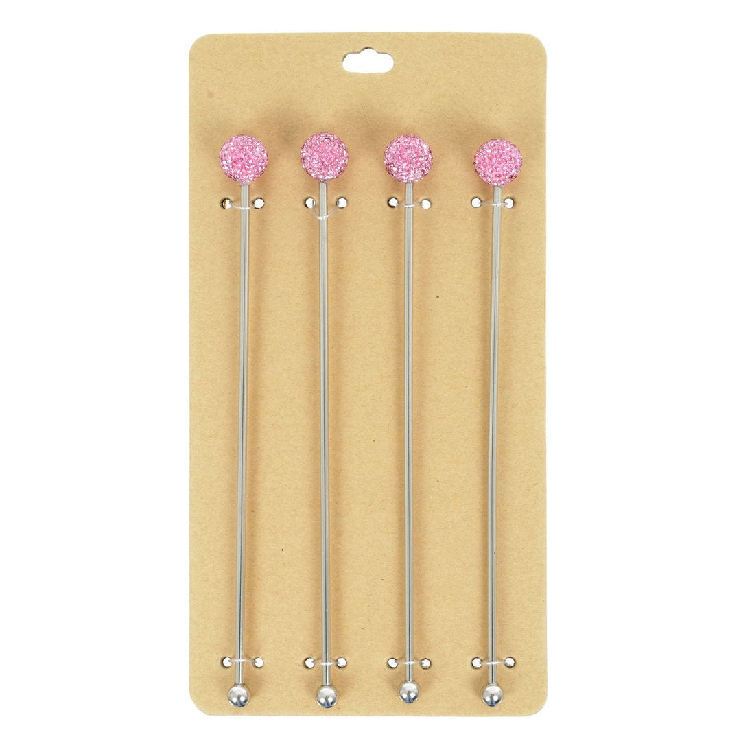 Set of 4 Swizzle Sticks Cocktail Stirrers Stainless Steel Pink Diamante