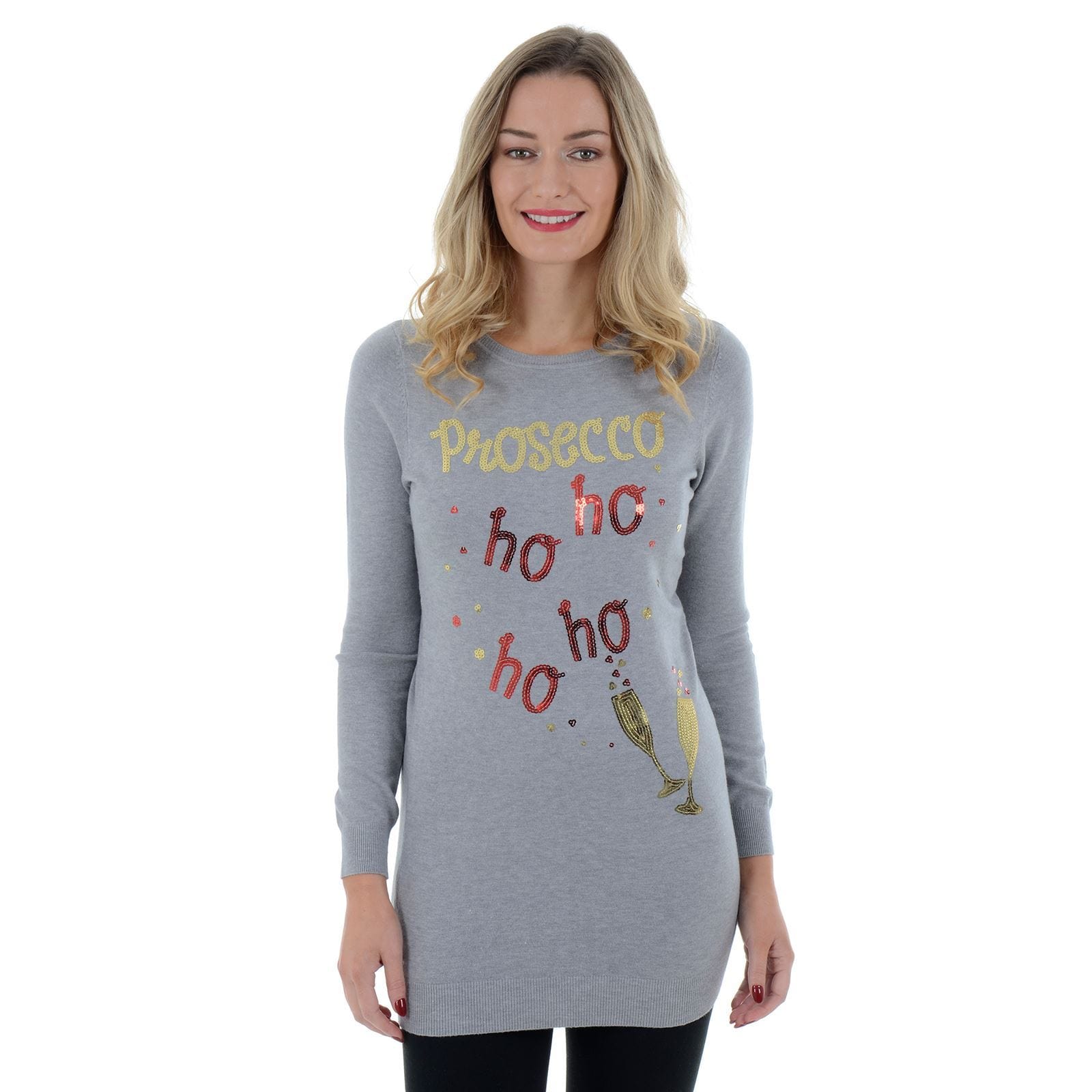 Womens Novelty Sequin Prosecco HO HO HO Tunic Christmas Jumper XS Stock