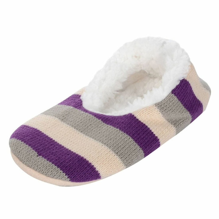 Womens Stripe Knit Ballet Style Slippers With Sherpa Lining Purple &amp; Grey / 3-4
