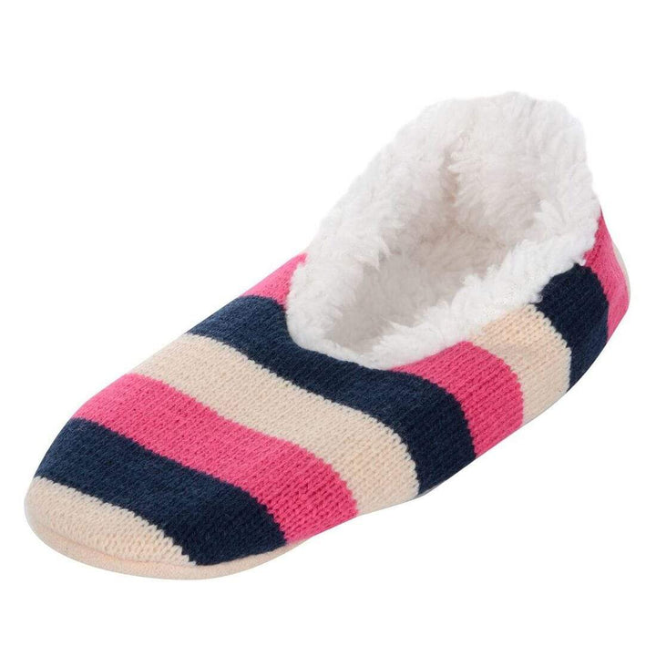 Womens Stripe Knit Ballet Style Slippers With Sherpa Lining Navy &amp; Pink / 3-4