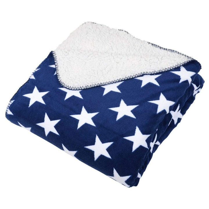 Luxury Double Layer Stars Sherpa Lined Fleece Blanket Sofa Bed Throw Navy &amp; White / 150 x 200cm
