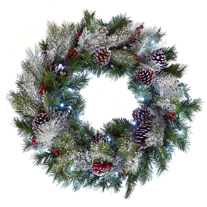 LED Snow Frosted Christmas Wreath With Berries &amp; Pine Cones