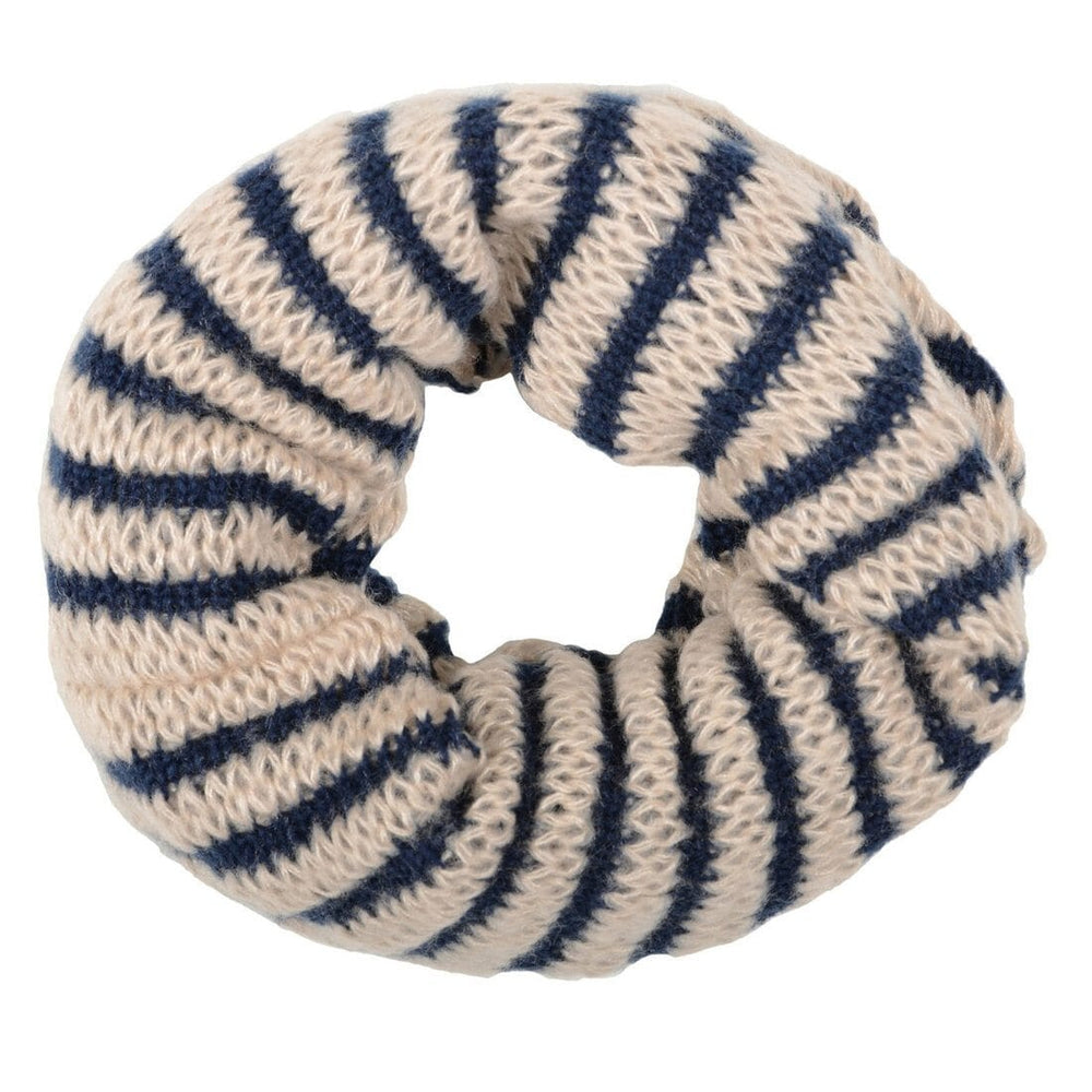 beige and navy knitted winter snood on white background